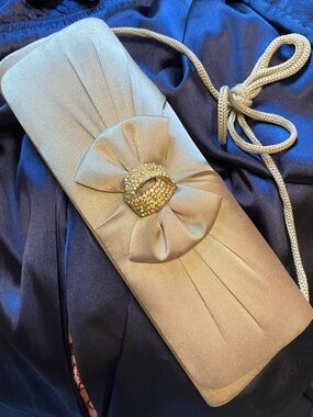 Vintage Silver Satin Pleated Evening Clutch Bag with Rhinestone Bow Accent